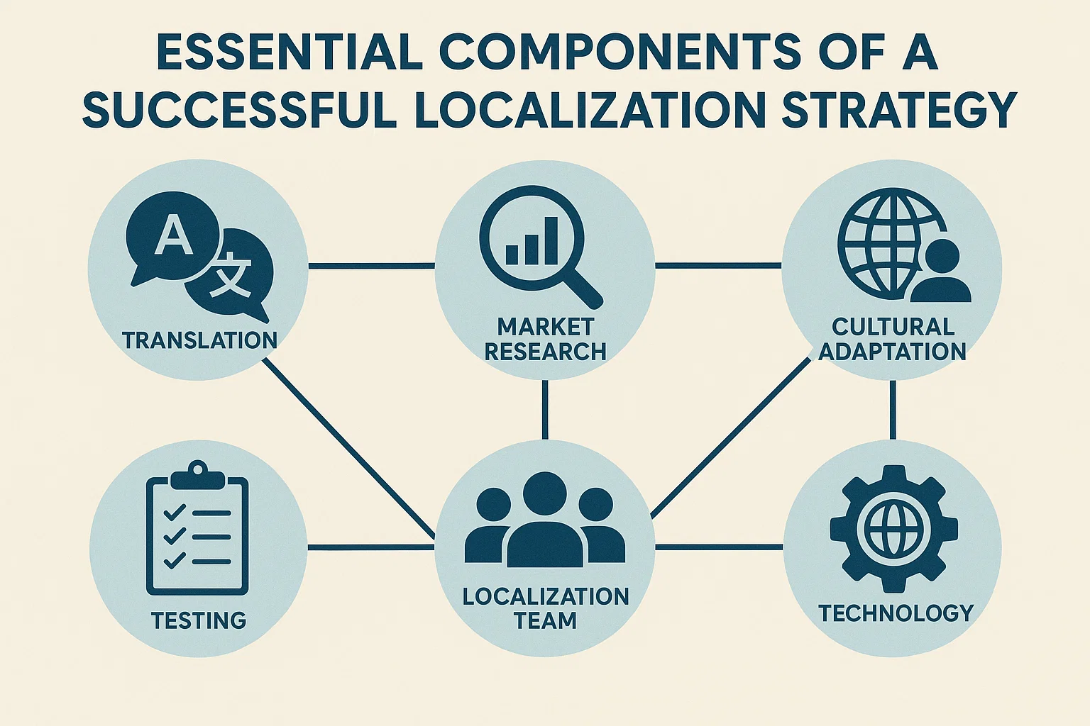 How to Build a Localization Strategy That Expands Your Global Reach 3 Infographic showing market research, cultural adaptation, and workflows for localization