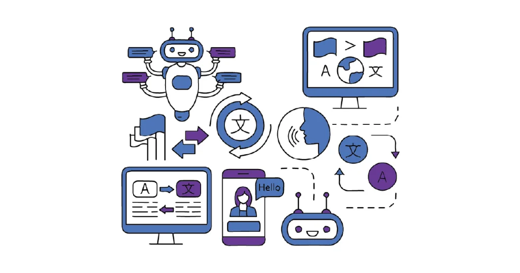 Business team using AI translation software with global languages on screen
