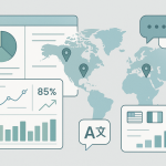Illustration of a global localization dashboard with charts, translation icons, and a world map representing localization metrics and international growth.