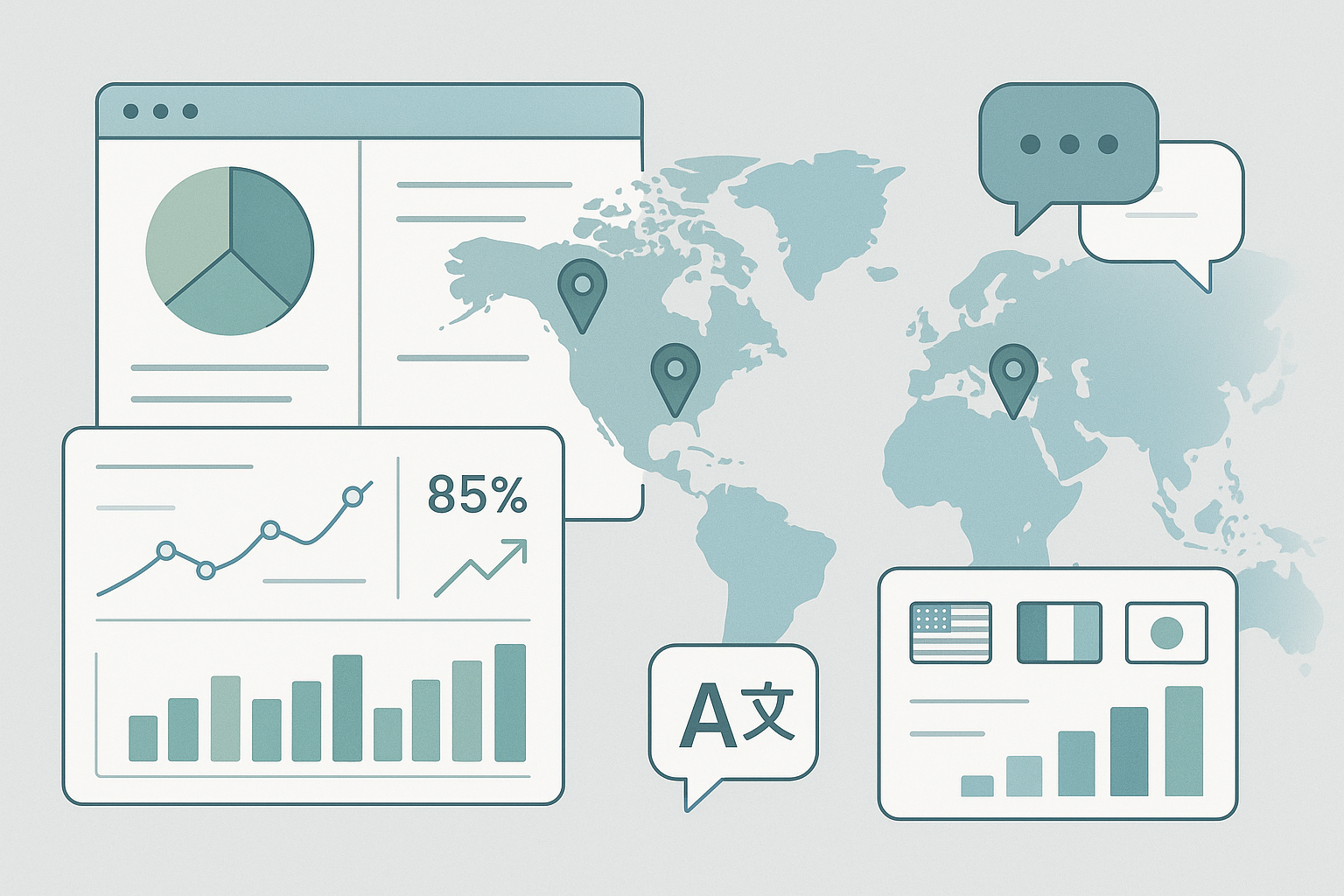 Illustration of a global localization dashboard with charts, translation icons, and a world map representing localization metrics and international growth.