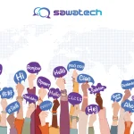 Diverse hands raise speech bubbles saying hello in multiple languages against world map, illustrating languages vs dialects