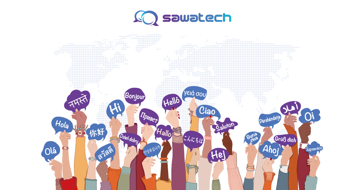 Diverse hands raise speech bubbles saying hello in multiple languages against world map, illustrating languages vs dialects