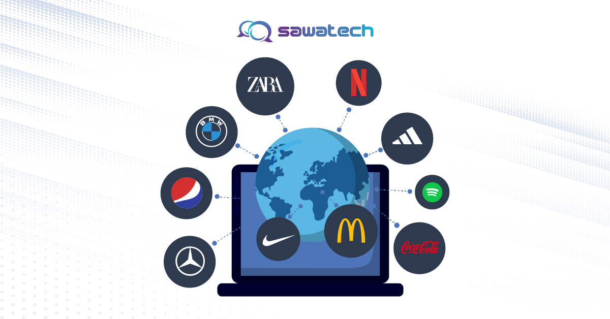 Laptop and globe connected to major brand logos (Nike, Netflix, Coca-Cola, McDonald’s, etc.) depicting worldwide localization