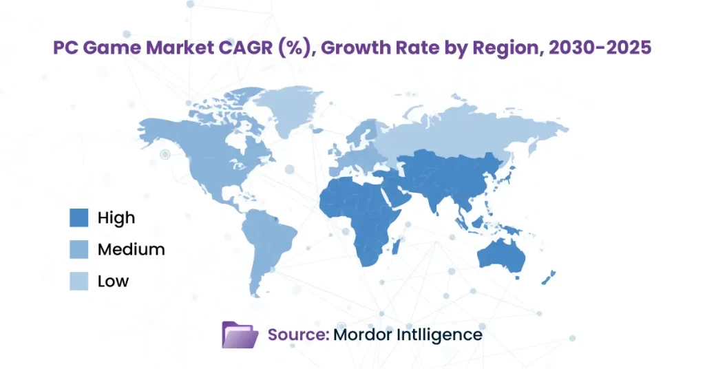 Video Game Localization: Your Gateway to Global Gaming Markets 6 World map shading high PC game market CAGR in Asia, medium in Europe/Americas, low elsewhere for 2025-2030