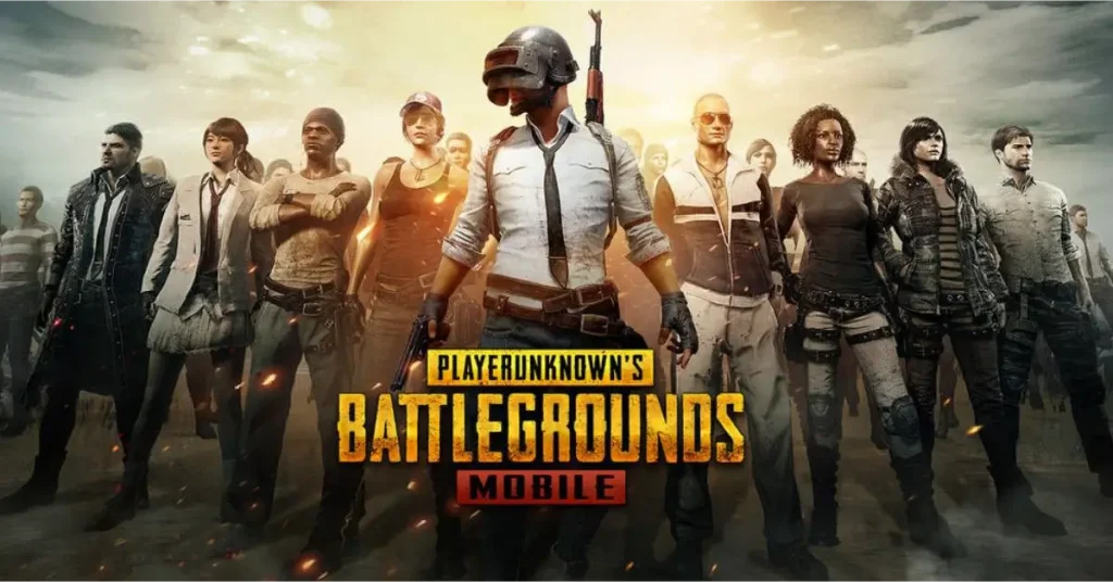 PUBG Mobile poster with helmeted fighter front and diverse squad behind, all ready for battle
