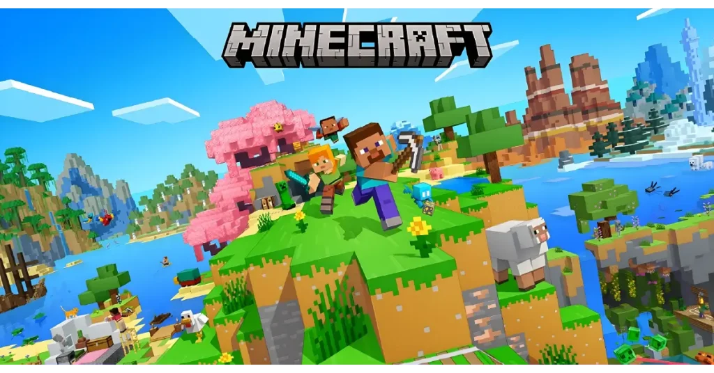 Colorful Minecraft art showing Steve, Alex and mobs adventuring on a floating, blocky island