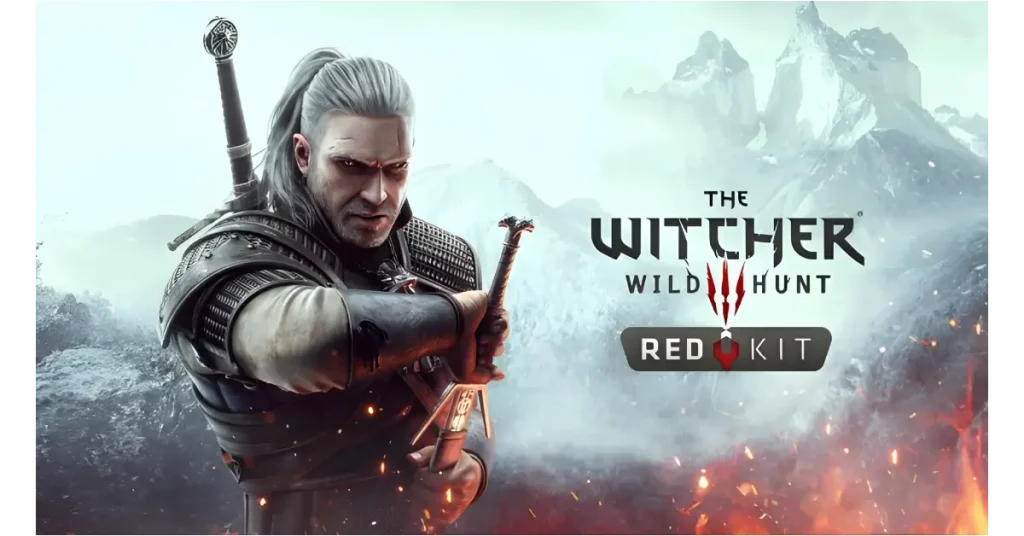 Geralt brandishes his sword amid snowy mountains in The Witcher 3: Wild Hunt promotional art